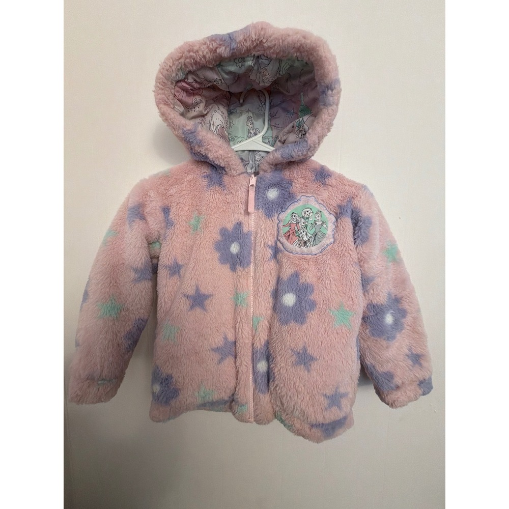 Disney Princess Reversible Puffer Jacket Girls 6 Pink Purple Floral Excellent